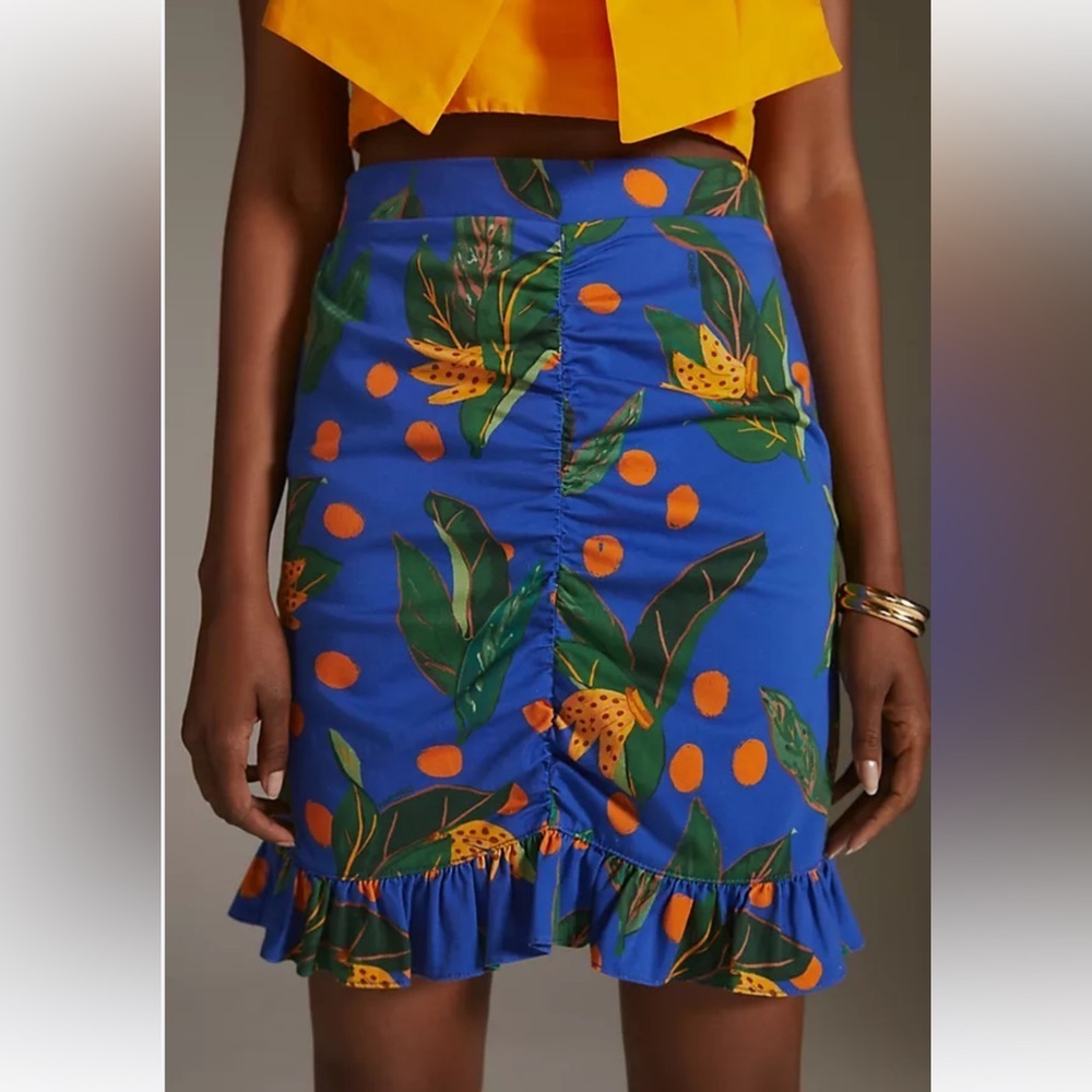 Anthropologie Farm‎ Rio Ruched Mini Skirt Pencil tulip Tropical Flounced Small